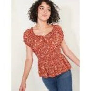 Old Navy Puff-Sleeve Floral-Print Peplum Blouse for Women Size Large Rust Print
